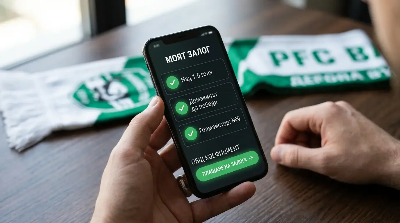 Bet builder в живо — мобилен екран с няколко комбинирани пазара от един и същ футболен мач