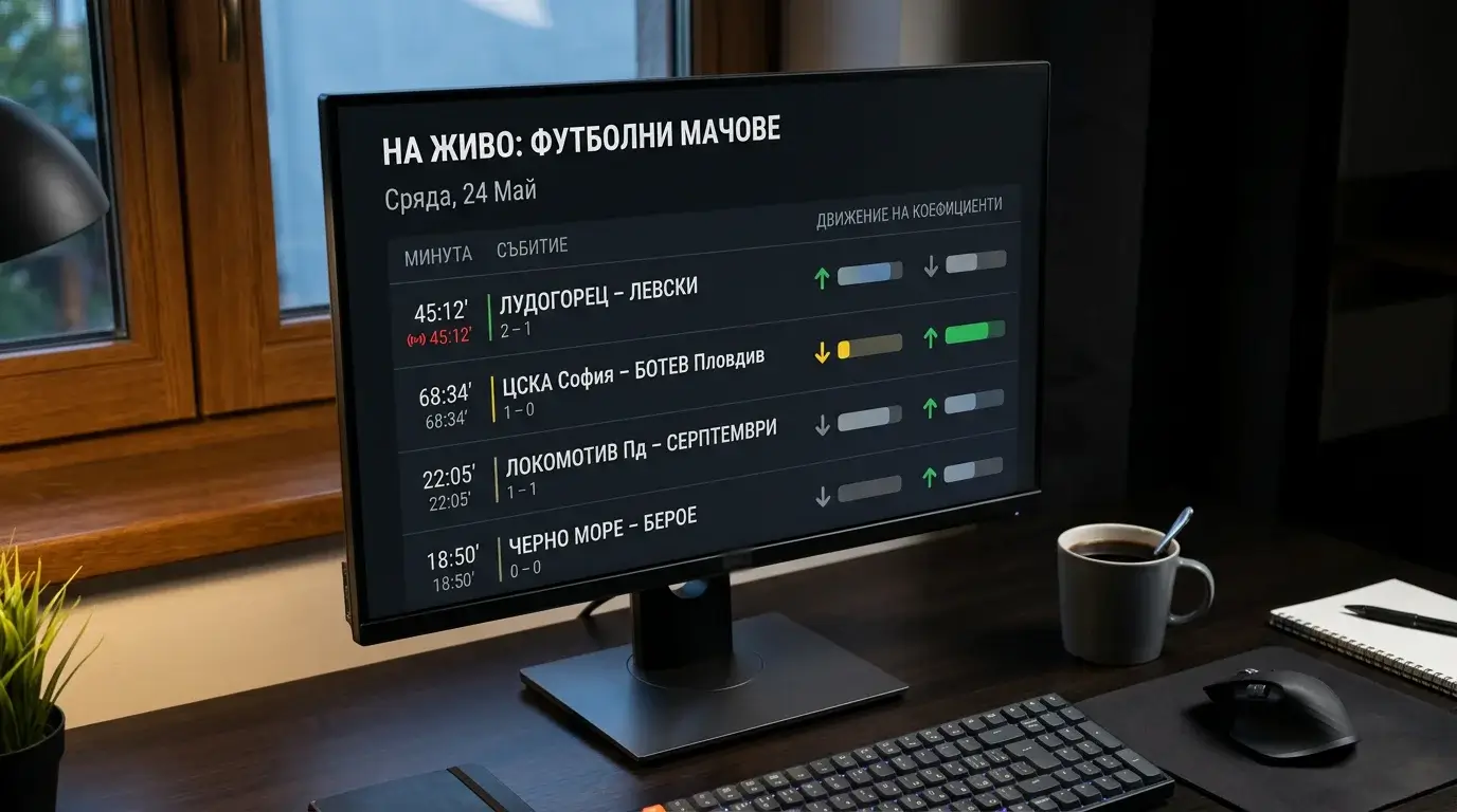 Динамични коефициенти в live режим — екран с движещи се числа над футболна линия в реално време