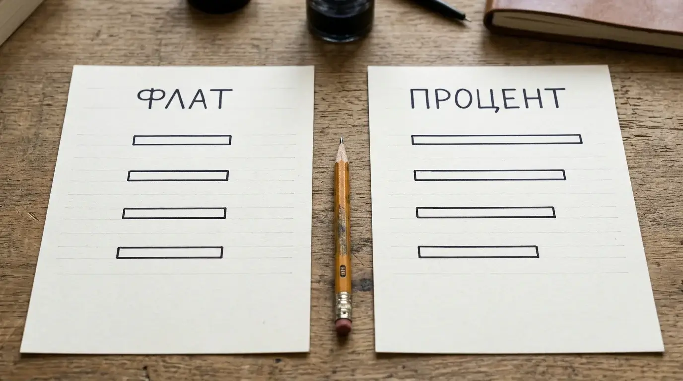 Флат залог срещу процентен залог — две колонки с подреждане на залогите на работна маса