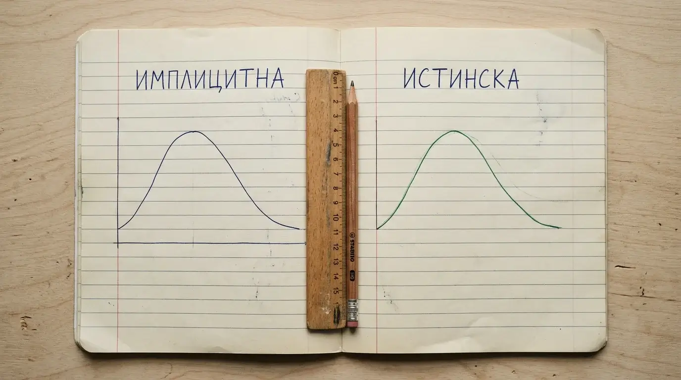Имплицитна срещу истинска вероятност — аналитик сравнява две страници с прости криви на разпределение
