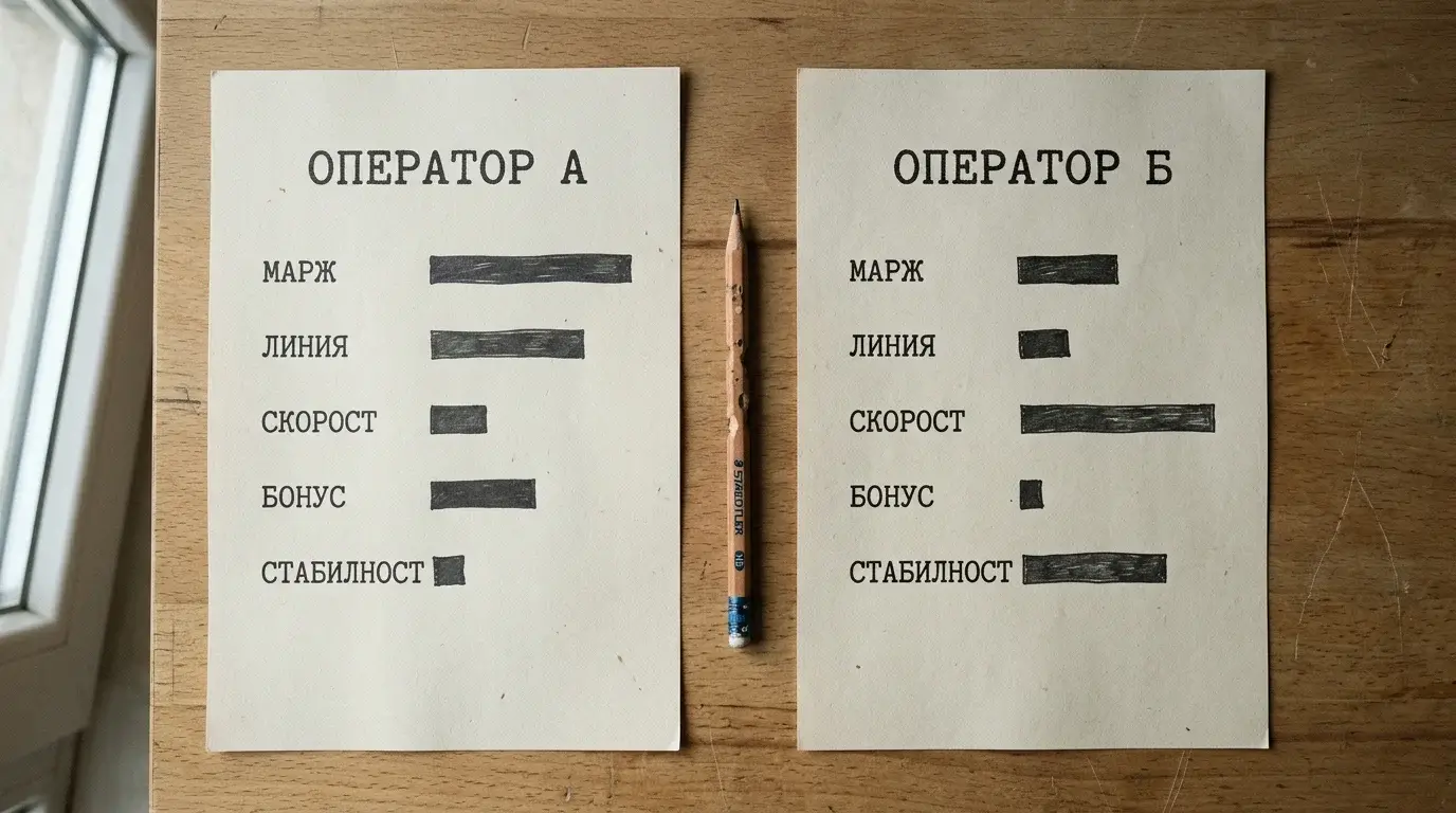 Критерии за сравнение между лицензирани букмейкъри — две страници с прости сравнителни ленти на бюро