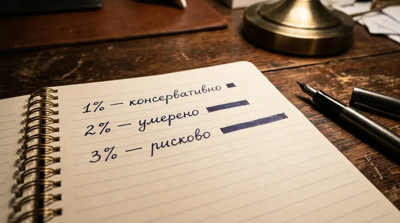 Юнит залог в управлението на банкрол — отворена тетрадка с маркирани нива от един процент
